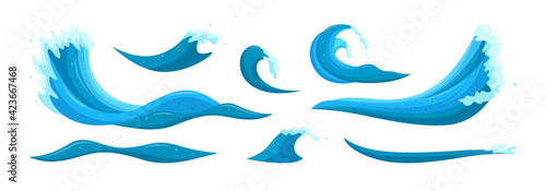 Flooding waves and tides elements. Set of waves causing destruction and ruining safety. Cartoon vector illustration isolated in white background