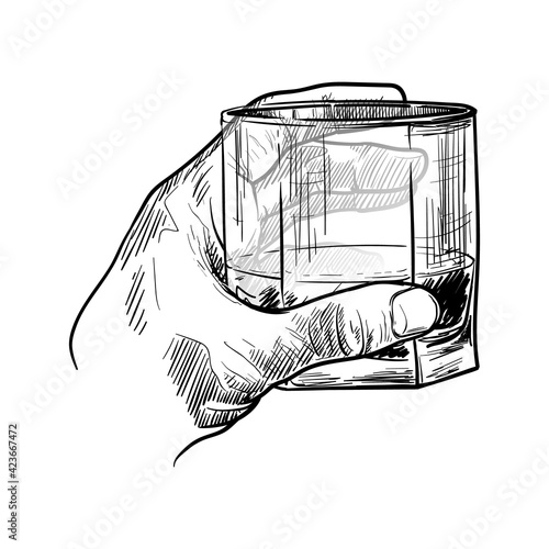 Male hand holding a whiskey glass. Black linear sketch isolated on white background. EPS10 vector illustration