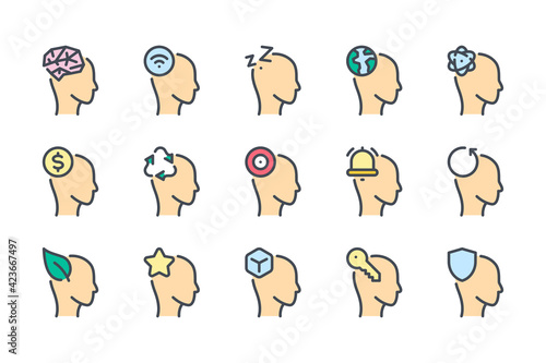 Human brain and brain process color line icon set. Head and psychology linear icons. Mind, idea and head work colorful outline vector sign collection.