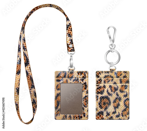 id card holder, business card case with neck strap, mockup with python leather texture