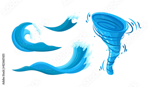 Tornado and tsunami waves set. Ocean storm with whirpool and waves. Cartoon vector illustration isolated in white background