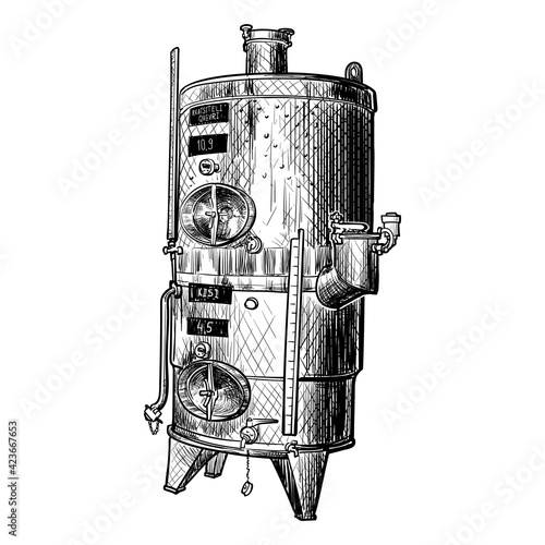 Stainless steel tank for wine storage and blending. Black line drawing isolated on white background