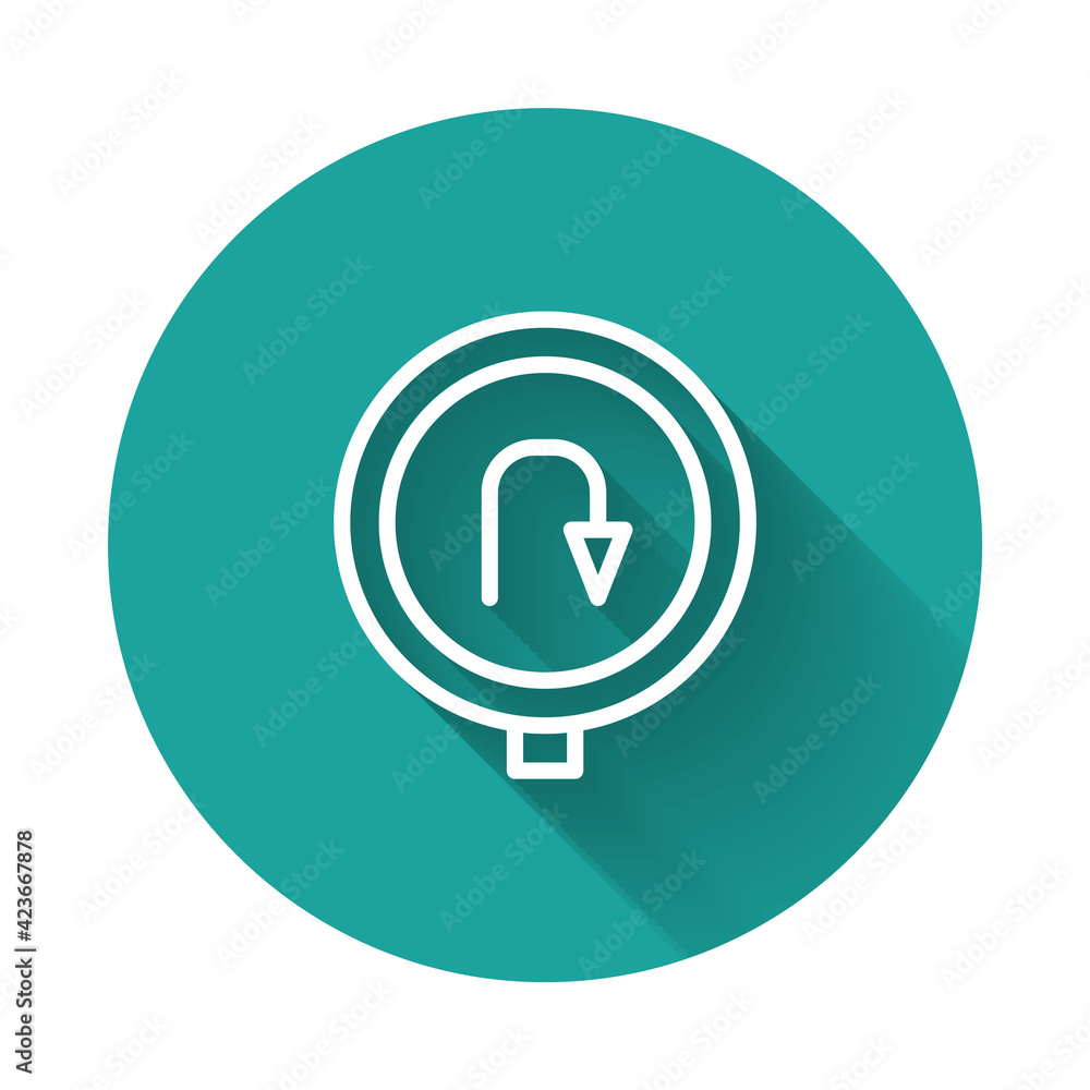 White line Turn back road icon isolated with long shadow background. Traffic rules and safe driving. Green circle button. Vector White line Turn back road icon isolated with long shadow background. Traffic rules and safe driving. Green circle button. Vector
