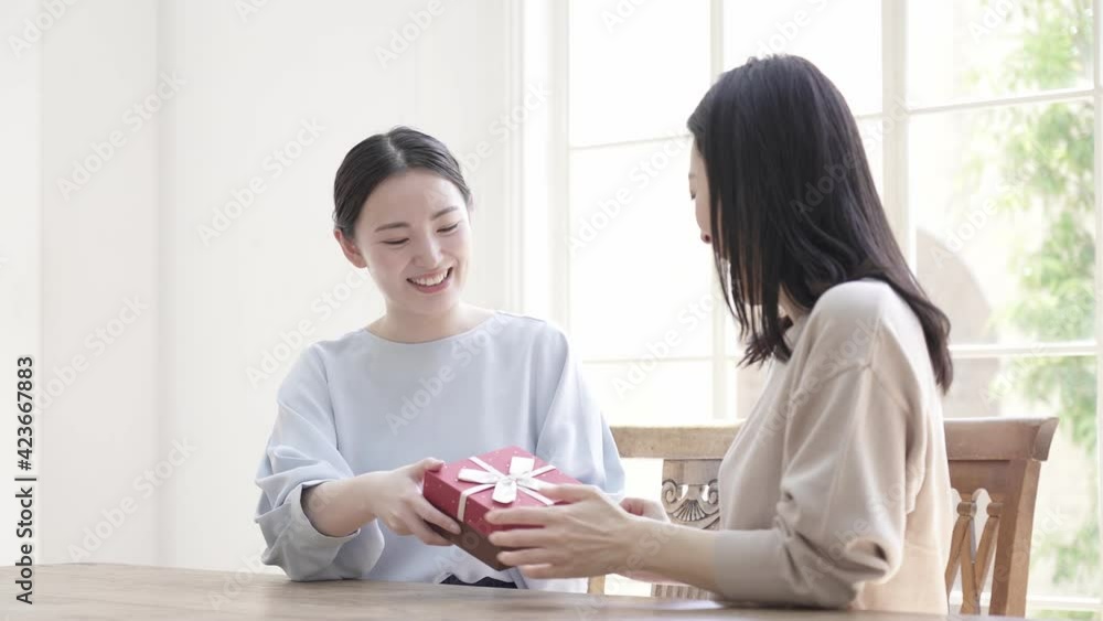 母の日に母にプレゼントを渡す娘 母の日に母にプレゼントを渡す娘