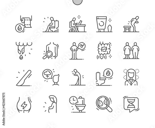 Hemorrhoids. Abdominal pain. Movements, hygiene, digestion, fistula, intestine and diarrhea. Health care, medical and medicine. Pixel Perfect Vector Thin Line Icons. Simple Minimal Pictogram