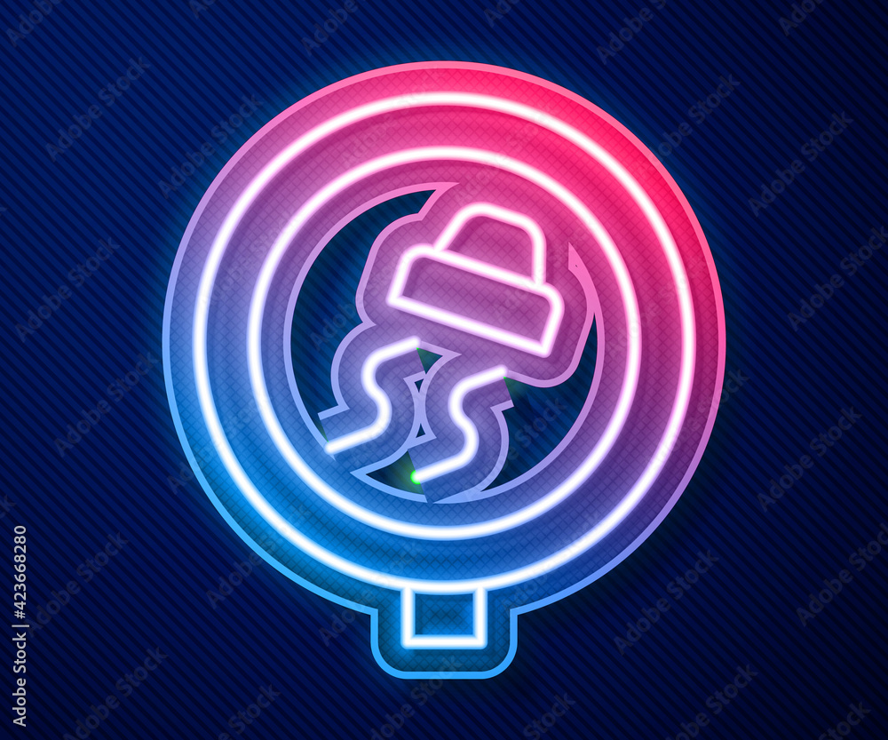 Glowing neon line Slippery road traffic warning icon isolated on blue background. Traffic rules and safe driving. Vector