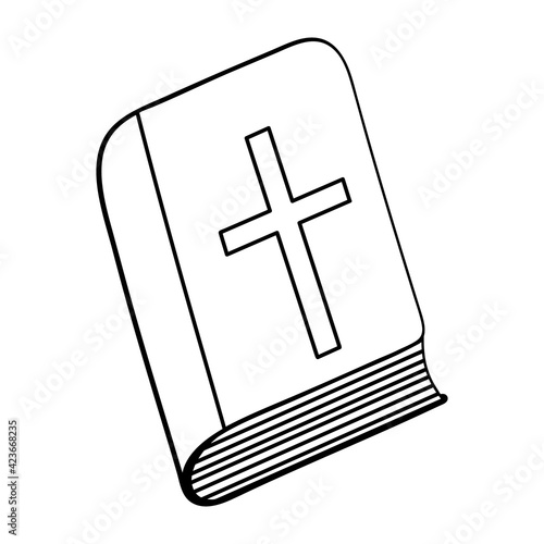 Bible. Sketch. Hardcover book with a cross on the cover. Vector illustration. Coloring book for children. Outline on white isolated background. Doodle style. Light Easter. Religious motives. 