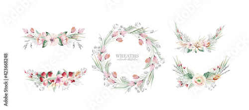 Watercolor boho floral wreath. Bohemian natural frame: leaves, feathers, flowers, Isolated on white background. Artistic decoration illustration. Save the date, wedding design,valentine's day