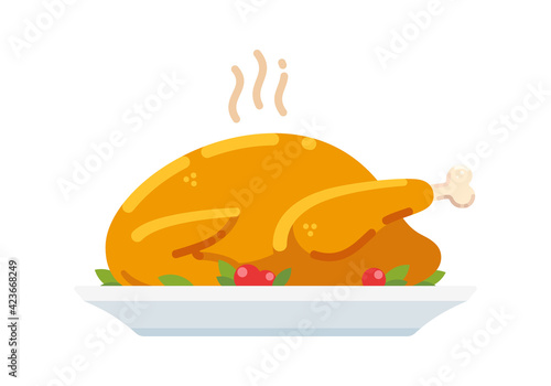 Roast turkey or chicken on plate, traditional holiday dinner vector clip art illustration. Simple cartoon style isolated drawing.