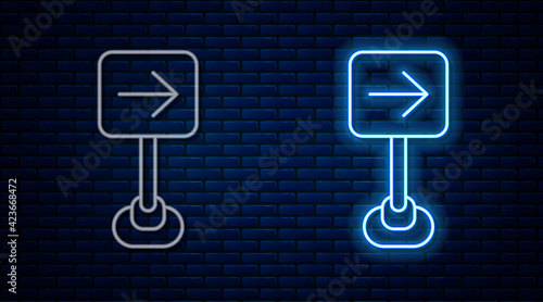Glowing neon line Traffic sign turn right warning attention icon isolated on brick wall background. Traffic rules and safe driving. Vector