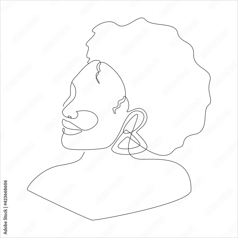 Line art portrait of African American woman with curly afro hairstyle.  Continuous one line drawing woman face for logo, banner, print, tattoo,  barbershop emblems. Vector illustration. Stock Vector | Adobe Stock