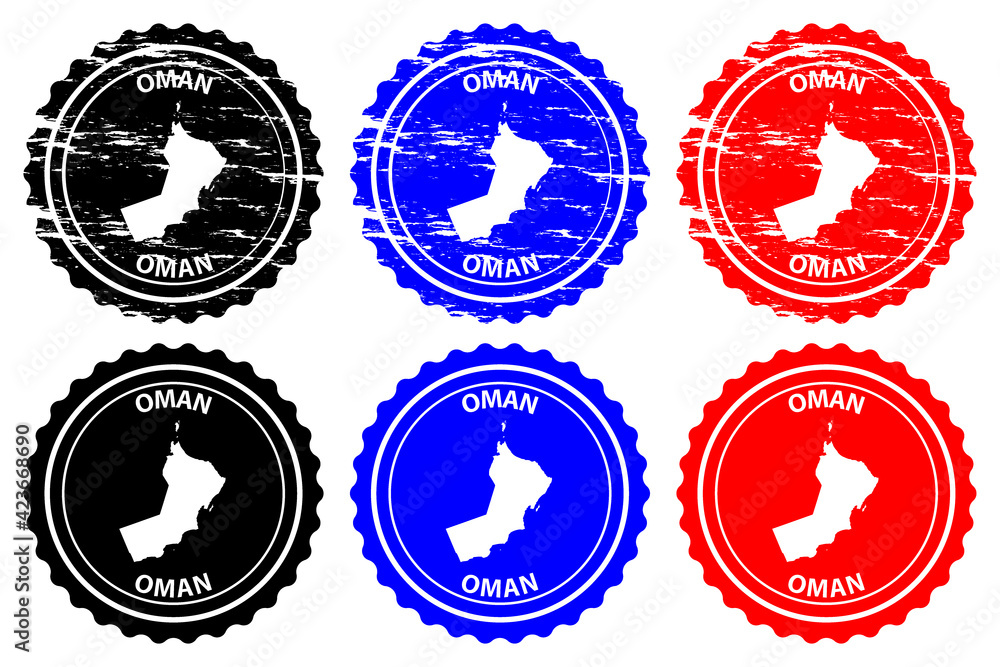 Oman - rubber stamp - vector, Sultanate of Oman map pattern - sticker - black, blue and red