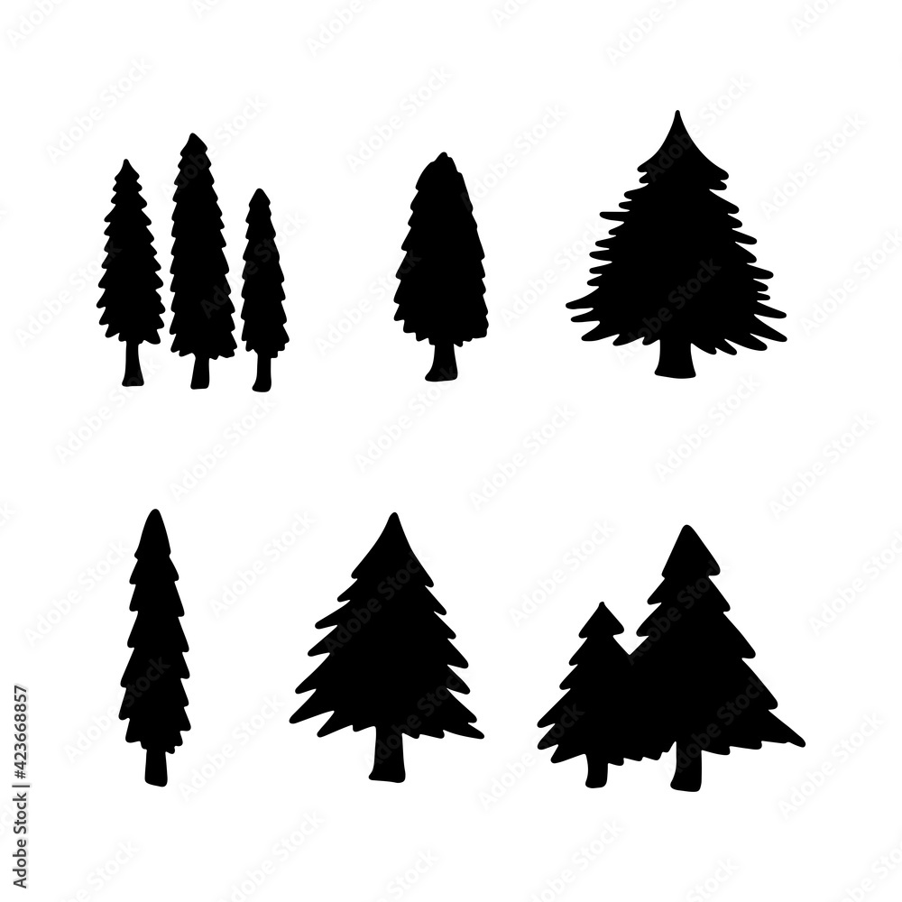 Fototapeta premium Isolated Pine on the white background.Pine silhouettes. Tree hand drawn.Vector EPS 10.