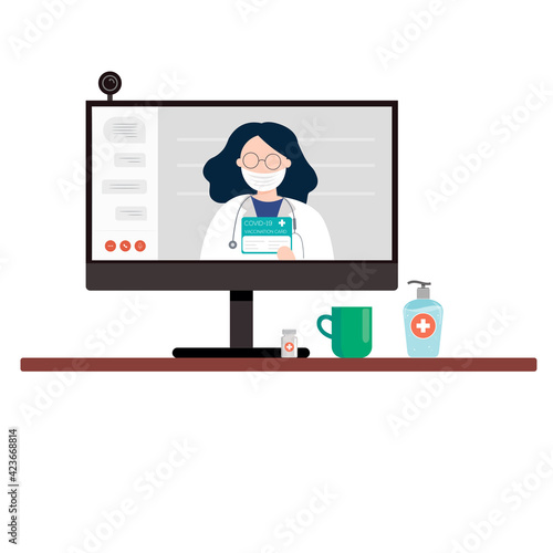 Vector flat illustration woman celebrate easter 2021 online with laptop. She have bunny ears and sanitizer. Chatting or speking.