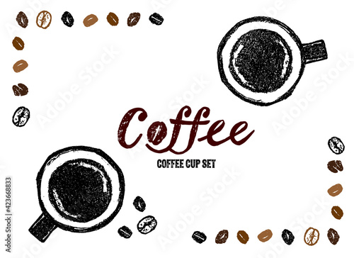 コーヒーカップの手描きイラストセット。俯瞰構図。