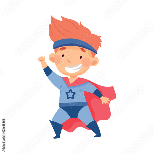 Cute Redhead Boy Wearing Cape as Superhero Pretending Having Power for Fighting Crime Vector Illustration