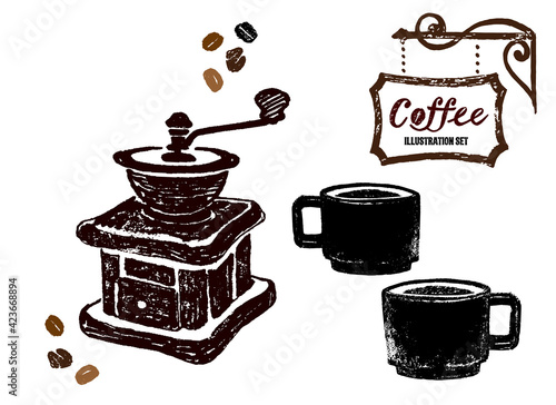 コーヒーの手描きイラストセット。