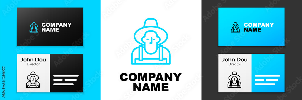 Blue line Farmer in the hat icon isolated on white background. Logo design template element. Vector Blue line Farmer in the hat icon isolated on white background. Logo design template element. Vector