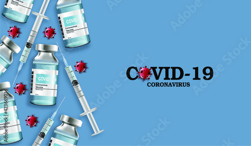 Covid-19 vaccination vector background. Covid19 coronavirus vaccine bottles and syringe injection