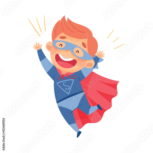 Cute Boy Wearing Cape and Mask as Superhero Jumping with Joy Pretending Having Power for Fighting Crime Vector Illustration