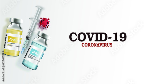 Covid-19 vaccination vector background. Covid19 coronavirus vaccine bottles and syringe injection