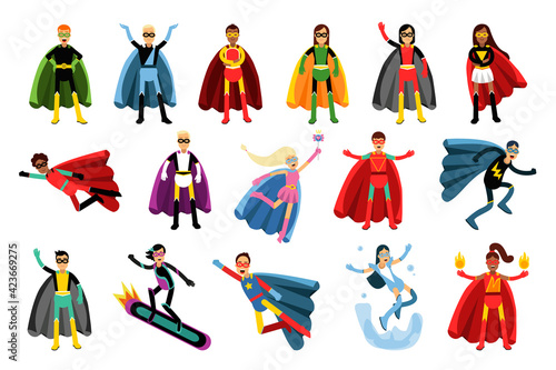 Man and Woman Characters in Superhero Costumes Standing and Waving Hand Vector Illustration Set