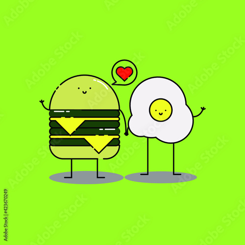 Cute double cheese burger and egg with love Illustration. modern simple food vector icon, flat graphic symbol in trendy flat design style. food character