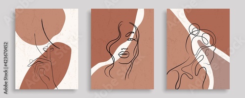 Modern Trendy Cards Set with Line Art Elements. Abstract Banners Collection Boho Style with Women Faces Line Art. Trendy Minimalist Poster Line Art Design. Minimal Abstract Background. Vector EPS 10.