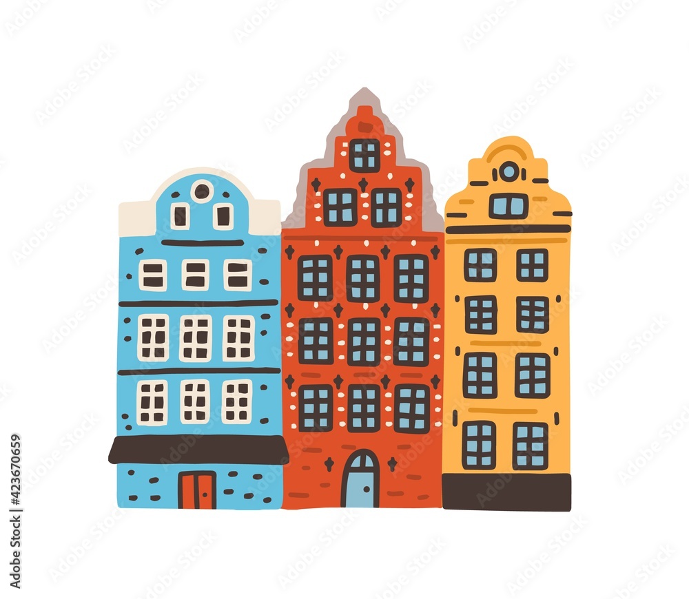 Famous colorful houses on Stortorget or Grand Square in Stockholm, Sweden. Notable Swedish building. Colored flat vector illustration of ancient Scandinavian architecture isolated on white background