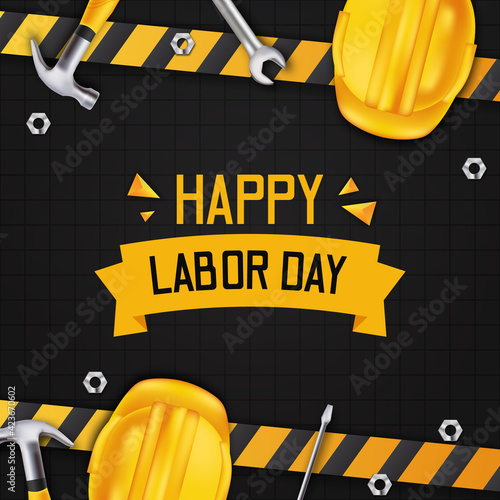 Happy labor day. international worker day. with yellow line construction with 3d realistic hammer, safety helmet, screwdriver and wrench with black background.