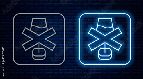 Glowing neon line No alcohol icon isolated on brick wall background. Prohibiting alcohol beverages. Forbidden symbol with beer bottle glass. Vector