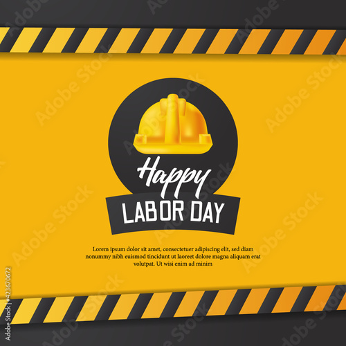 Happy labor day. international worker day. with yellow line construction with 3d realistic safety helmet with yellow background.