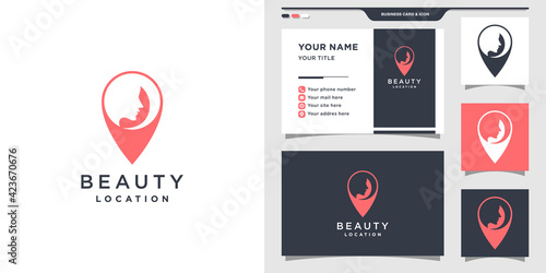 Beauty location logo design with pin concept and business card. Logo design template for location and business card Premium Vector