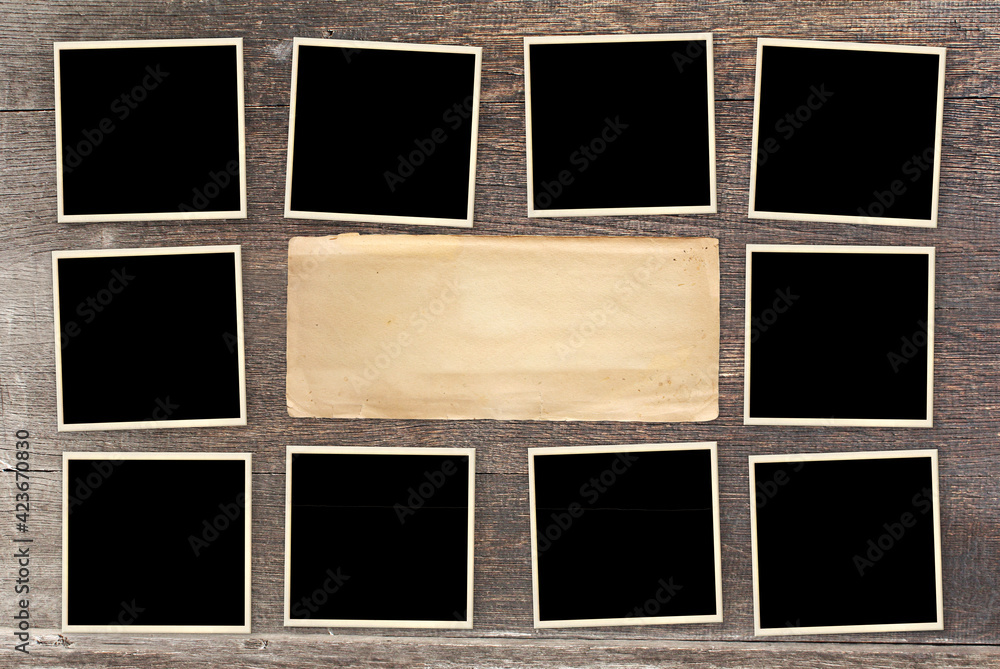 Ten retro photos on old wooden board Ten retro photos on old wooden board