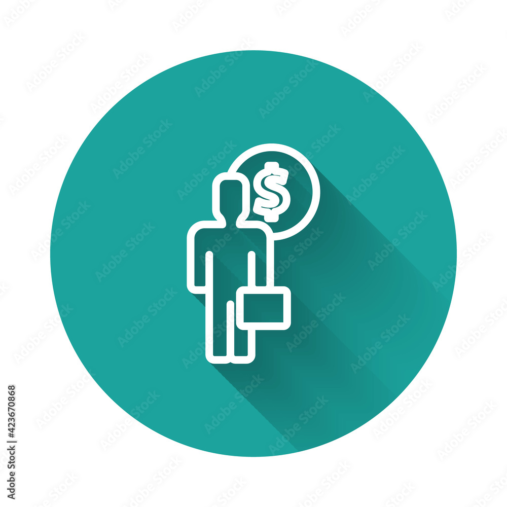 White line Business man planning mind icon isolated with long shadow background. Human head with dollar. Idea to earn money. Business investment growth. Green circle button. Vector White line Business man planning mind icon isolated with long shadow background. Human head with dollar. Idea to earn money. Business investment growth. Green circle button. Vector