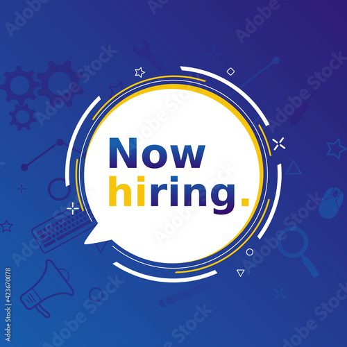 Hiring recruitment social media post design. Badge job vacancy template on blue background. Modern vector illustration with megaphone and hiring text on shape circle