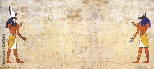 Bild auf Leinwand Grunge background with Egyptian gods images Anubis and Horus