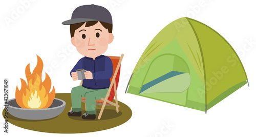 ソロキャンプで焚き火を楽しむ男性　イラスト