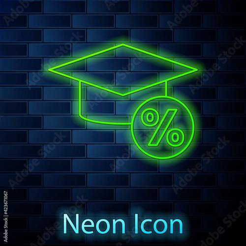 Glowing neon line Graduation cap and coin icon isolated on brick wall background. Education and money. Concept of scholarship cost or loan, tuition or study fee. Vector