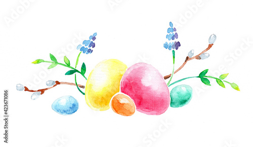 Canvas Print Watercolor easter wreath, painted colored eggs, willow branches, spring shoots, lavender, rustic style