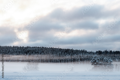 Frozen Lake in Swedish Taiga with Forests and Sunset
