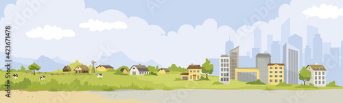 From village to city. Vector illustration, urban and rural landscapes.