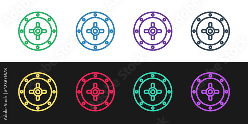 Set line Safe icon isolated on black and white background. The door safe a bank vault with a combination lock. Reliable Data Protection. Vector