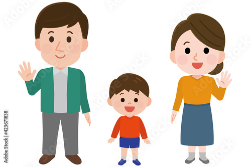 手を振る笑顔の親子　全身　イラスト
