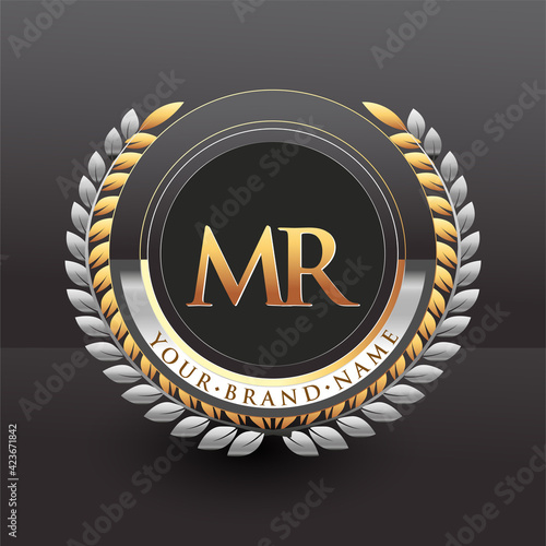 Initial logo letter MR with golden and silver color with laurel and wreath, vector logo for business and company identity.