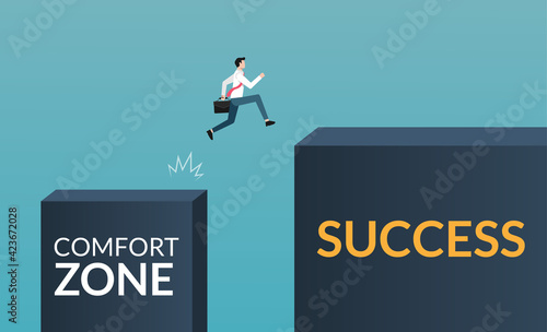 Businessman character leaving comfort zone to achieve success concept. Growth in business and career path symbol illustration.