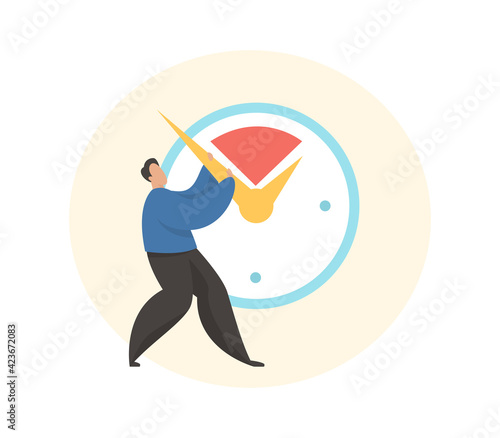Deadline concept illustration. Male cartoon character trying to delay the clock hand. Time management. Flat vector illustration