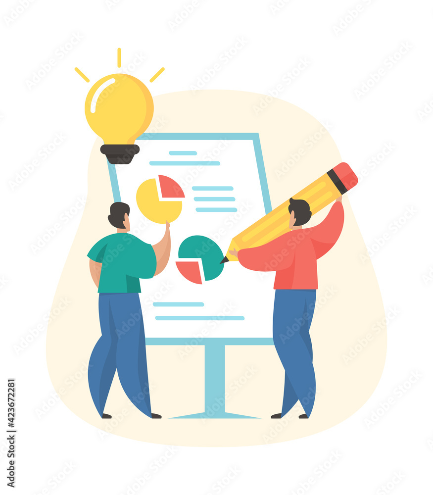 Male cartoon characters working together. Creative business idea concept. Flat vector illustration. Business research. Marketing stratefy development