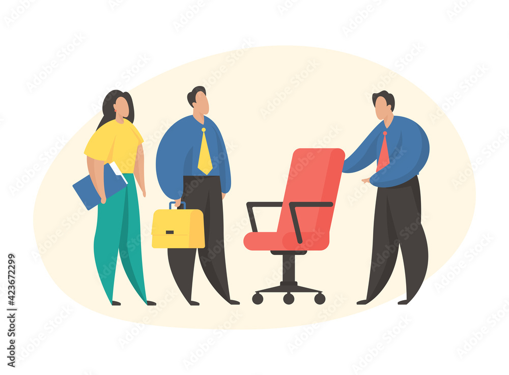 Cartoon character hr manager offers job seekers a vacancy. Recruitment agency. Hiring new staff. Flat vector illustration. Job candidates and office chair