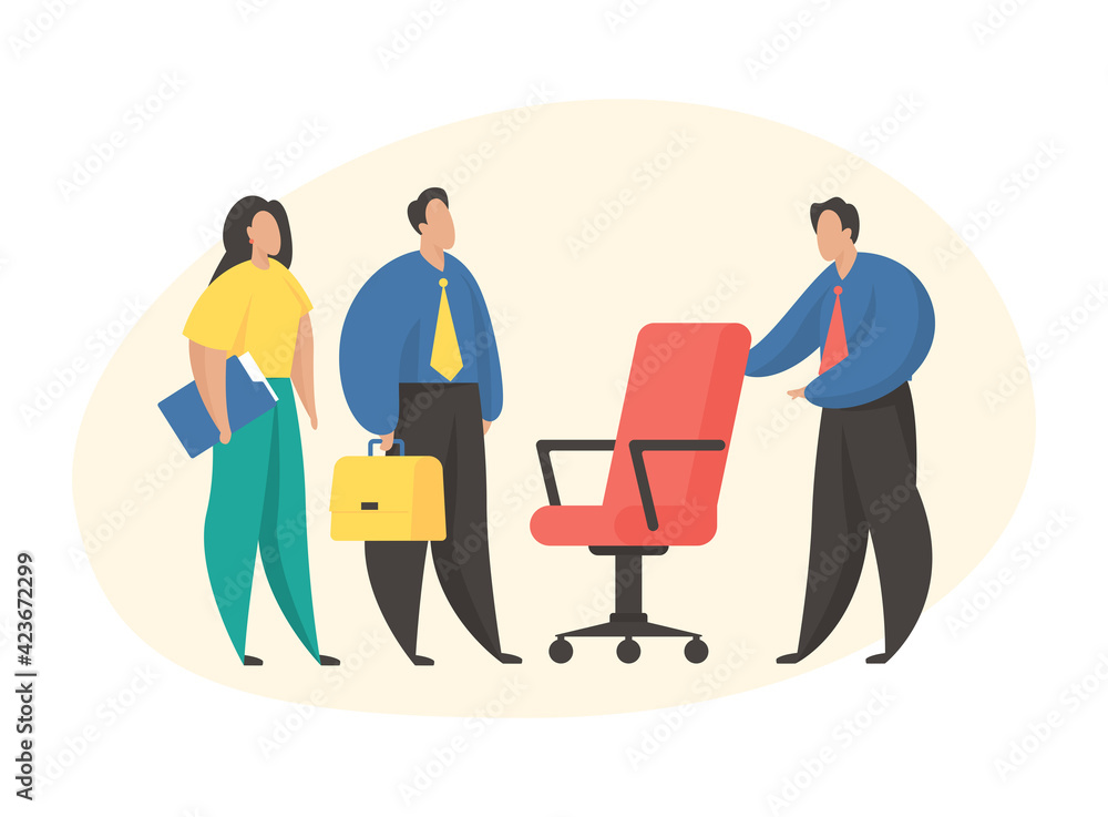 Cartoon character hr manager offers job seekers a vacancy. Recruitment agency. Hiring new staff. Flat vector illustration. Job candidates and office chair Cartoon character hr manager offers job seekers a vacancy. Recruitment agency. Hiring new staff. Flat vector illustration. Job candidates and office chair